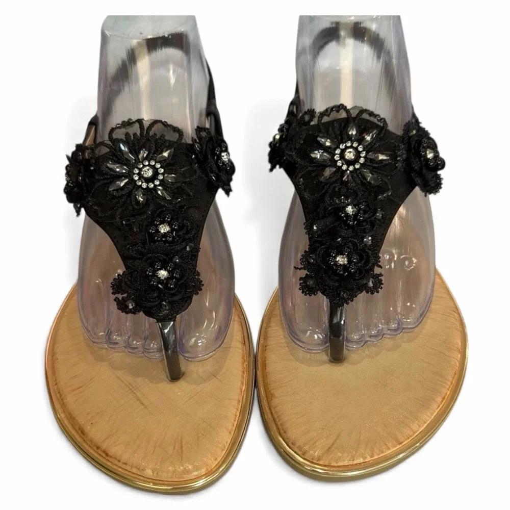 Duo Mei Zu Yuan Womens‎ 10 Thong Slingback Sandals Black Tan Rhinestones Floral - Picture 2 of 12